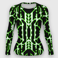 Рашгард женский Техно белые линии с зелёной обводкой на чёрном фон, цвет: 3D-принт