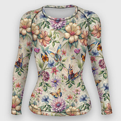 Женский рашгард Летний узор с цветами и бабочками