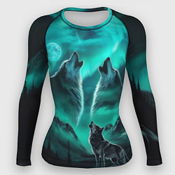 Женский рашгард Волки воют на луну и северное сияние