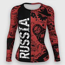 Женский рашгард Россия на фоне матрёшек балалайки и славянских узо