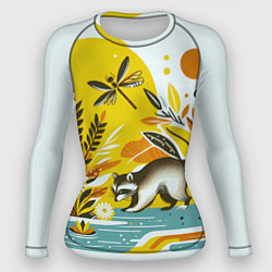 Рашгард женский Енот у реки любуется цветами, цвет: 3D-принт