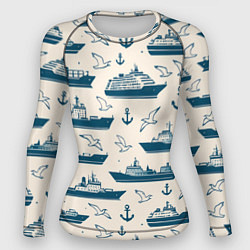 Рашгард женский Морской паттерн из чаек, якорей и кораблей, цвет: 3D-принт
