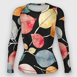 Рашгард женский Разноцветные акварельные листья на чёрном, AI, цвет: 3D-принт