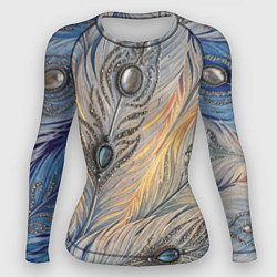 Рашгард женский Синие перья с самоцветами, цвет: 3D-принт