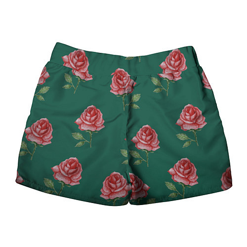 Женские шорты Ярко красные розы на темно-зеленом фоне / 3D-принт – фото 2