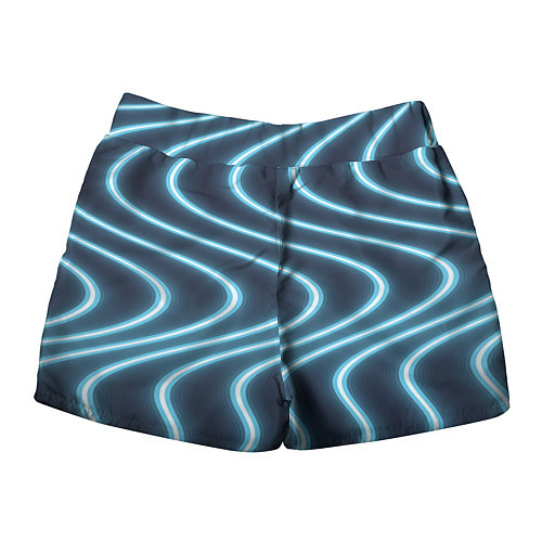 Женские шорты Неоновый свет Волны голубые на темном фоне / 3D-принт – фото 2