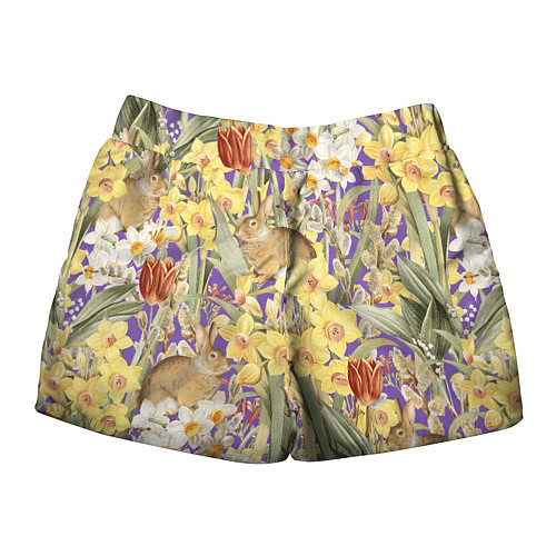 Женские шорты Цветы Нарциссы и Зайцы / 3D-принт – фото 2