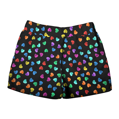 Женские шорты Сердечки разноцветные на черном / 3D-принт – фото 2