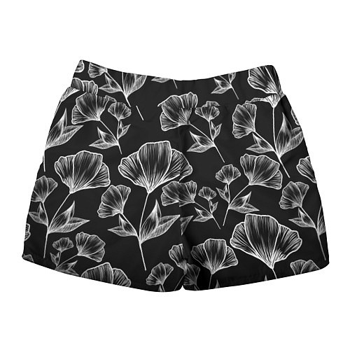 Женские шорты Графичные цветы на черном фоне / 3D-принт – фото 2