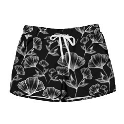 Женские шорты Графичные цветы на черном фоне
