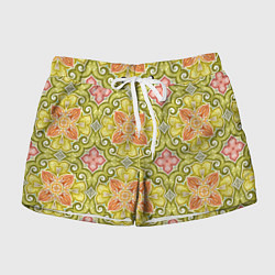 Шорты женские Зеленые узоры и оранжевые цветы, цвет: 3D-принт