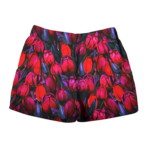 Женские шорты Тюльпаны - поле красных цветов / 3D-принт – фото 2