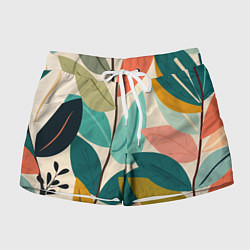 Шорты женские Паттерн стебли с разноцветными листьями, цвет: 3D-принт