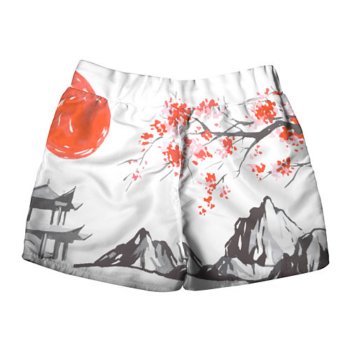Женские шорты Цветущая сакура и солнце - Япония / 3D-принт – фото 2