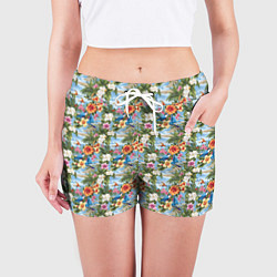 Шорты женские Гавайские цветочки паттерн, цвет: 3D-принт — фото 2