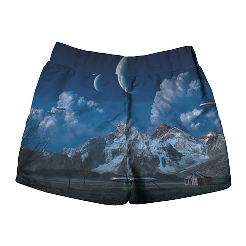 Женские шорты Ночные горы в природе и небо с нло / 3D-принт – фото 2