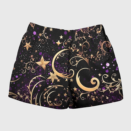 Женские шорты Чёрный паттерн со звёздами и лунами / 3D-принт – фото 2