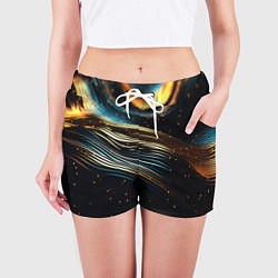 Шорты женские Золотые волны на черном фоне, цвет: 3D-принт — фото 2