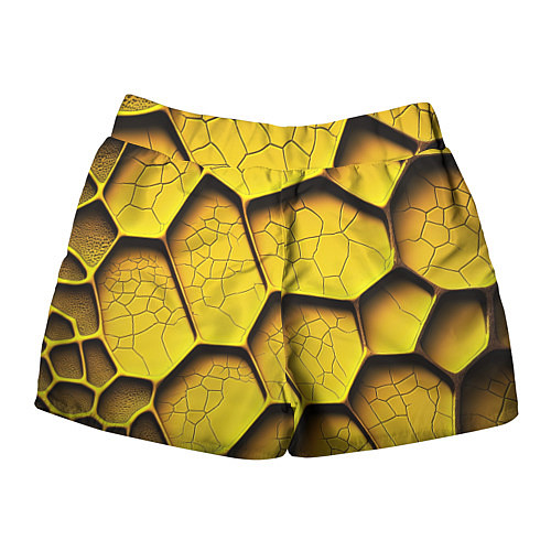 Женские шорты Желтые шестиугольники с трещинами - объемная текст / 3D-принт – фото 2