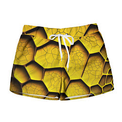 Шорты женские Желтые шестиугольники с трещинами - объемная текст, цвет: 3D-принт