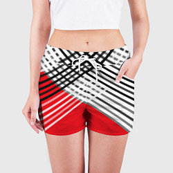 Шорты женские Косые черно-белые полосы на красном, цвет: 3D-принт — фото 2