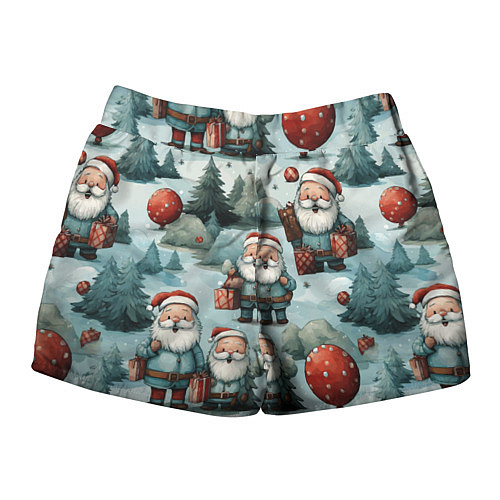 Женские шорты Рождественский узор с Санта Клаусами / 3D-принт – фото 2