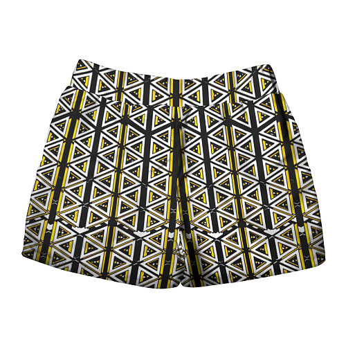 Женские шорты Жёлто-белые треугольники на чёрном фоне / 3D-принт – фото 2