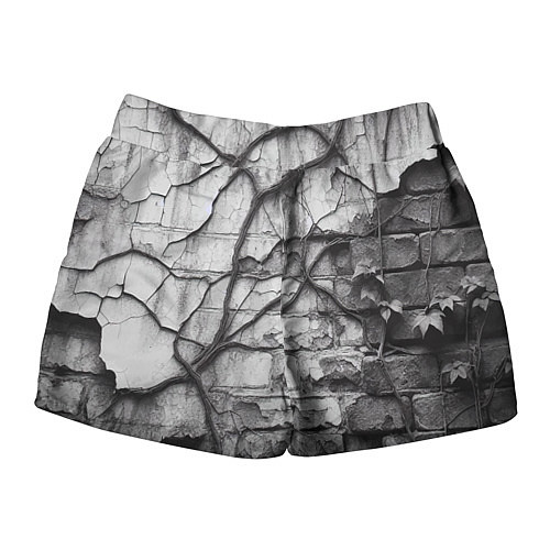 Женские шорты Кирпичная стена с облупившейся штукатуркой и плющо / 3D-принт – фото 2