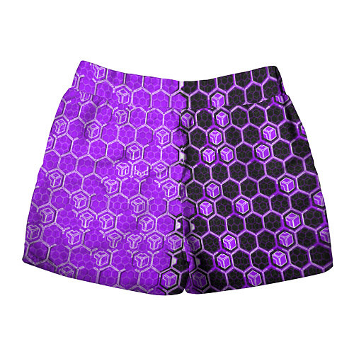Женские шорты Техно-киберпанк шестиугольники фиолетовый и чёрный / 3D-принт – фото 2