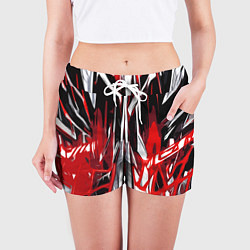 Шорты женские Красно-белая хаотичная абстракция на чёрном фоне, цвет: 3D-принт — фото 2