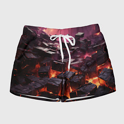 Шорты женские Черные абстрактные квадратные камни в лаве, цвет: 3D-принт