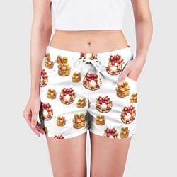 Шорты женские Много новогодних пончиков и подарков с бантиком и, цвет: 3D-принт — фото 2