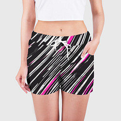 Шорты женские Диагональные розово-белые полосы на чёрном фоне, цвет: 3D-принт — фото 2
