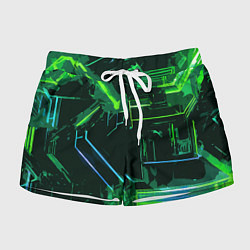 Шорты женские Зелёно-голубые полосы на чёрном фоне, цвет: 3D-принт