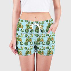 Шорты женские Паттерн зелёные новогодние змейки, цвет: 3D-принт — фото 2