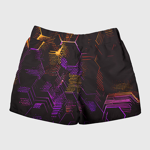 Женские шорты Жёлто-фиолетовые точки и линии на чёрном фоне / 3D-принт – фото 2