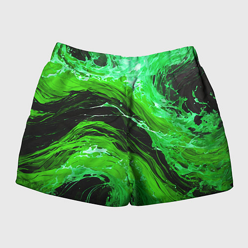 Женские шорты Зелёные брызги на чёрном фоне / 3D-принт – фото 2