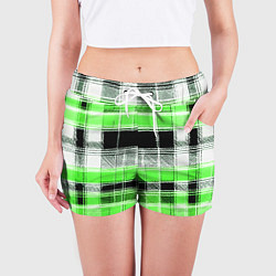 Шорты женские Белые полосы на чёрно-зелёном фоне, цвет: 3D-принт — фото 2