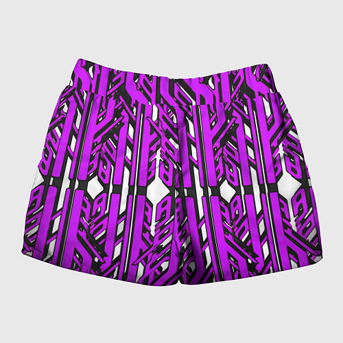Женские шорты Чёрно-фиолетовые техно полосы на белом фоне / 3D-принт – фото 2