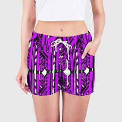 Шорты женские Чёрно-фиолетовые техно полосы на белом фоне, цвет: 3D-принт — фото 2