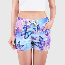 Шорты женские Бабочки и сирень - нежная голубая живопись, цвет: 3D-принт — фото 2