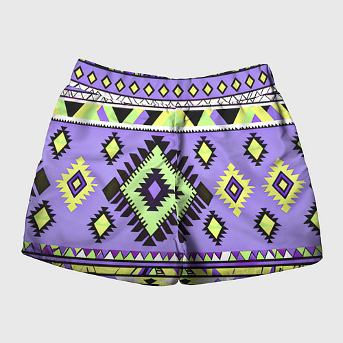 Женские шорты Геометрический сиренево желтый орнамент ацтеков / 3D-принт – фото 2