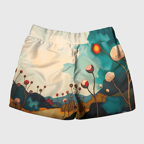 Женские шорты Сюрреалистичный пейзаж с цветами / 3D-принт – фото 2