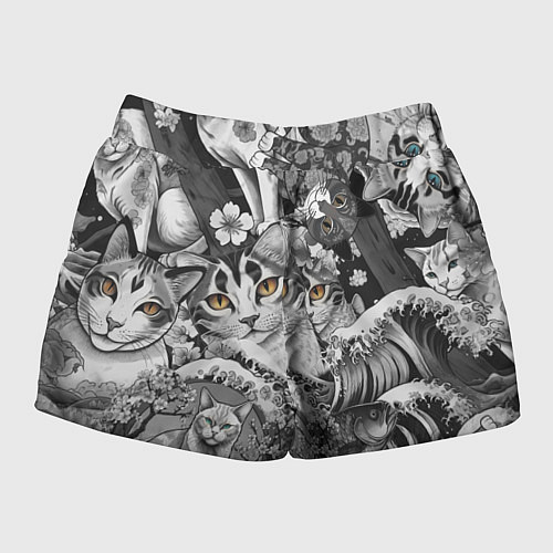Женские шорты С котами и рыбой на фоне сакуры в волнах / 3D-принт – фото 2
