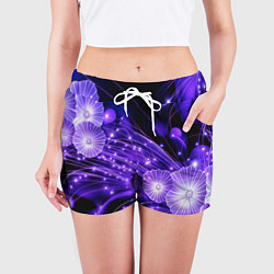 Шорты женские Силуэты цветов на темном фоне - фиолетовое свечени, цвет: 3D-принт — фото 2