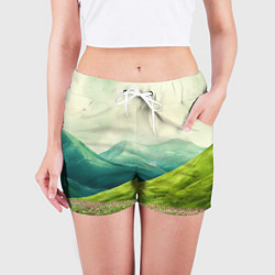 Шорты женские Горы и поле с цветами - зеленый пейзаж, цвет: 3D-принт — фото 2