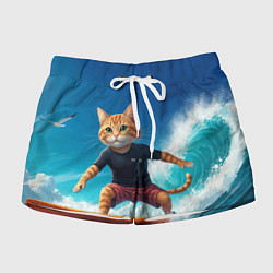 Шорты женские Кот серфер на волне, цвет: 3D-принт