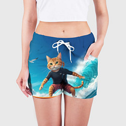 Шорты женские Кот серфер на волне, цвет: 3D-принт — фото 2