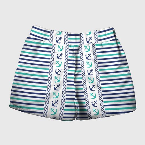 Женские шорты Морской орнамент с якорями и полосками / 3D-принт – фото 2
