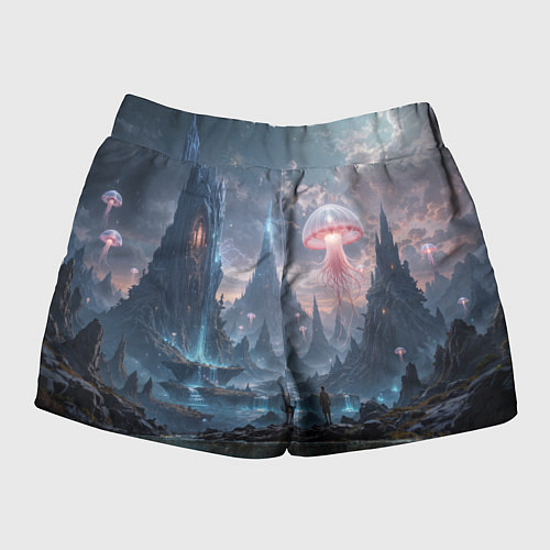 Женские шорты Фантастический мир с медузами и озеро у гор / 3D-принт – фото 2